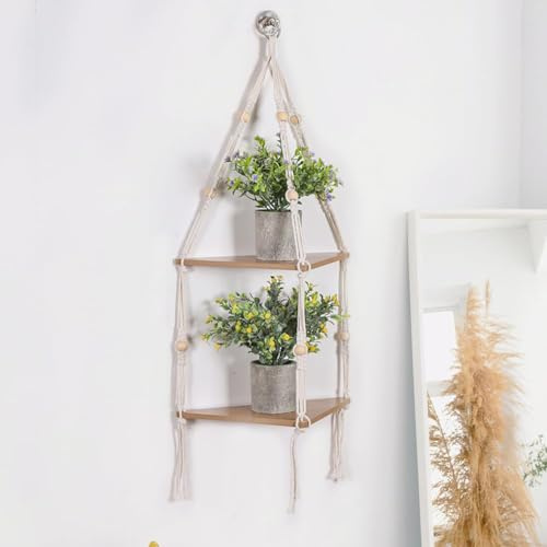 Garvee Eckregal hängend Holz, 2 Etagen Schweberegal mit Seil & Perlen, Boho Dekoration Wandregal für Pflanzen & Fotos, Eck-Hängeregal für Wohnzimmer Schlafzimmer Bad, Naturholz Design