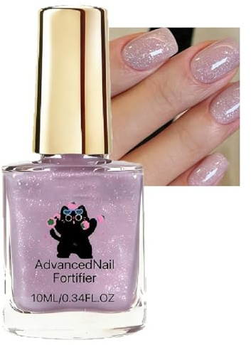 Lilac Glitter Nail Strengthener Polish, Quick Dry Lilac Nail Varnish for Weak Nails, Shimmer Purple Nail Fortifier Treatment, Long Lasting Chip Resistant Glossy Colour, No UV Lamp Needed