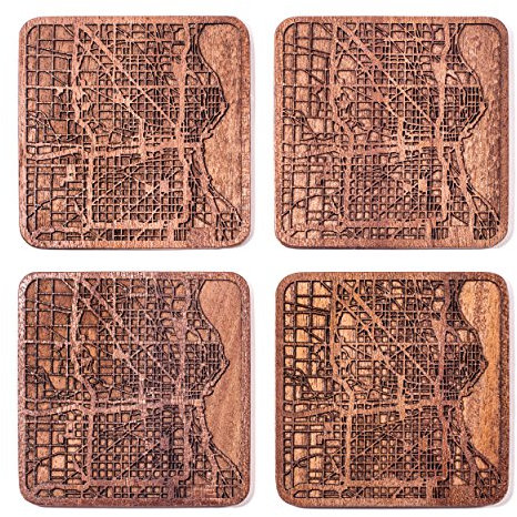 Milwaukee Mappa della città Sottobicchiere, set di 4 sottobicchieri in legno Sapele con mappa della città, fatto a mano