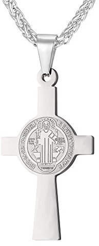 U7 Benediktuskreuz Benediktusmedaille Silber Ton Anhänger Halskette Edelstahl St Benediktus Medaille Heiligen Kreuz Modeschmuck