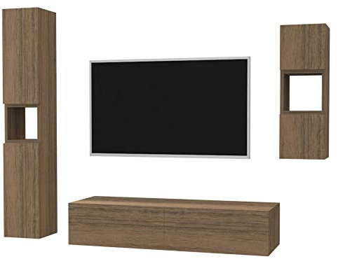 VE.CA. s.r.l. - Parete Attrezzata Soggiorno Gran Sasso - Mobile TV - In Legno - Libreria - Mobile Soggiorno - Colonne e Pensili Sospesi - Arredo Casa Living Design - Colore: Noce