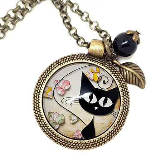 Sautoir Illustré Chaton et Feuilles Noir, Doré en Métal Bronze avec Cabochon en Verre, Breloque et Perle en Jade