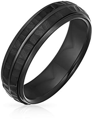 Bling Jewelry Schwarz matt gehämmerter Titan-Ehering für Herren mit Rillen, Komfort-Passform, 6MM