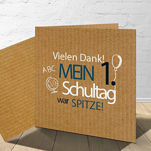 8 Danksagungskarten zur Einschulung mit passenden Umschlägen, Danksagungskarten zur Einschulung im Set zu 8 Stk. Globus Karton Design