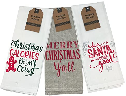 Twisted Anchor Trading Co Küchentücher mit Weihnachtsmotiv, inkl. 2 weißen und beigefarbenen Leinentüchern, 3 Stück