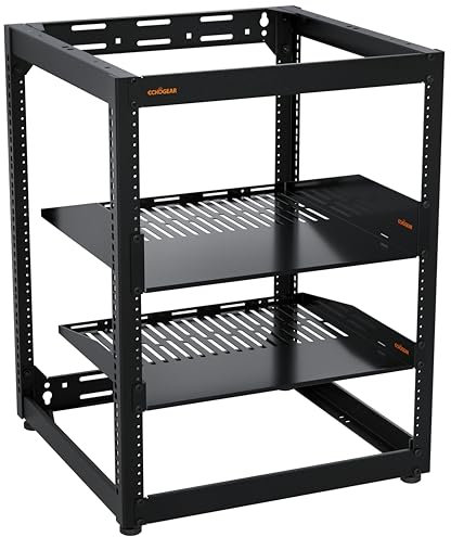 ECHOGEAR Rack à cadre ouvert 15U pour serveurs et équipements audiovisuels – Design mural comprenant 2 étagères ventilées, 25 vis de montage de rack, 4 pieds de nivellement, 4 butées d'étagère et 2