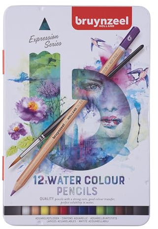BRUYNZEEL Expression Crayons de couleur aquarellables set de 12 + pinceau| Crayons solubles à l'eau pour adultes, Bullet Journaling