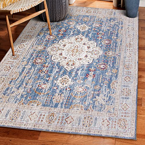 ReaLife Maschinenwaschbar Teppich - Wohnzimmer Schlafzimmer Badezimmer Küche Flur Büro - rutschfest Kurzflor Premium-Fleckenbeständig - Persisch Distressed - Hell Blau - 225 x 285