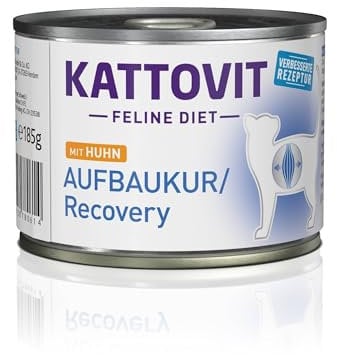 KATTOVIT - Recovery Nassfutter für Katzen | Diätfutter in der Dose für Katzen mit Untergewicht, Rekonvaleszenz | Glutenfreies Katzen-Nassfutter für ausgewachsene Katzen | 12 x 185 g Huhn