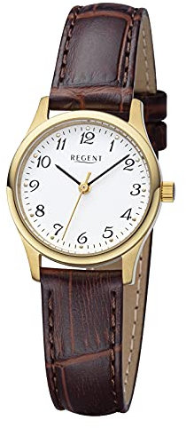 REGENT Orologio da donna con look coccodrillo, cinturino in pelle in acciaio inox, al quarzo, diametro 27 mm, numeri arabi, bianco / marrone, cinghia