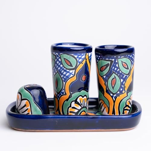 ECONIA - Authentische mexikanische Talavera Tequila Schnapsgläser, Salzstreuer mit Tablett, 4-teiliges Set – Handwerklich bunt handbemalt – Vaso Tequilero Scotch (Daisy Flower)