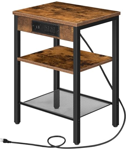 HOOBRO Side Table with Charging Station and USB Port, Small End Table for Small Space, 3-Tier Nightstand with Adjustable Shelf, for Living Room, Bedroom, Rustic Brown BF112BZ01