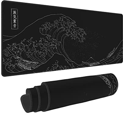Alfombrilla de ratón de anime grande extendida negra The Great Wave off Kanagawa Painting Big Gaming Mouse Mat XXL antideslizante Base de goma resistente al agua Alfombrilla de teclado para