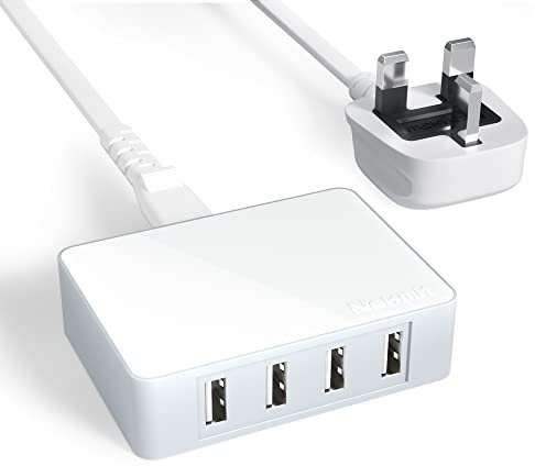 Nekmit 48W 4 Port USB Charger Station with 6ft Power Cord, High-Speed Travel Wall Charger Multi-Port USB Desktop Charger for iPhone 14/13/12, iPad/Galaxy/Pixel/Note/Kindle, and More