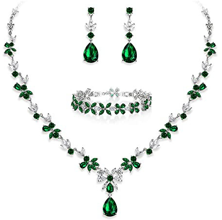 EVER FAITH Schmuck Set für Damen Hochzeit Party Cubic Zirkonia Fashion Floral Blatt Halskette,Baumeln Ohrringe und Tennis Armband Grün Siler-Ton