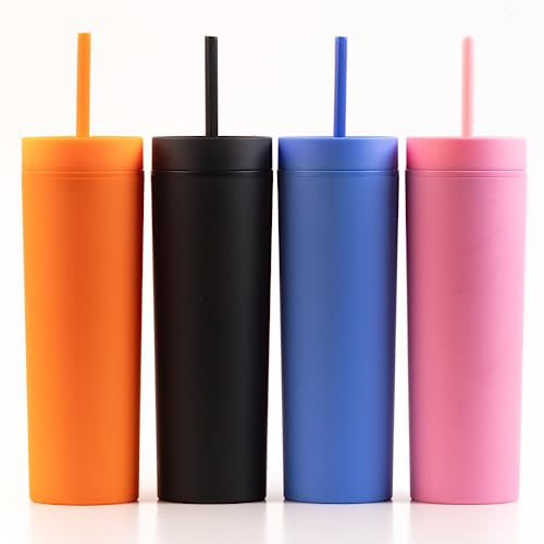 Ezhydrate SKINNY TUMBLERS (4 unidades) – MIX- Vasos acrílicos de color pastel mate de 16 onzas con tapas y popotes | Vaso de plástico de doble pared con tapa y popote a granel con limpiador de pajitas