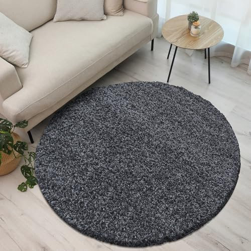 Giancasa Hochflor Teppich Rund 200 cm Grau - Flauschiger Shaggy in vielen Farben für mehr Gemütlichkeit in deinem Zuhause - Ideal für Wohnzimmer Flur und Schlafzimmer