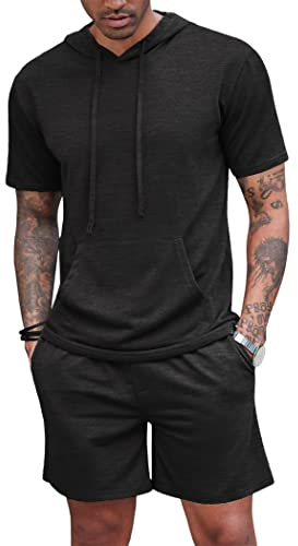 Herren-Trainingsanzug, 2-teilig, mit Kapuze, athletischer Sweatanzug, kurzärmelig, lässig, Sport, Hoodie, Shorts, Set, Pullover, Jogger, Schwarz , M