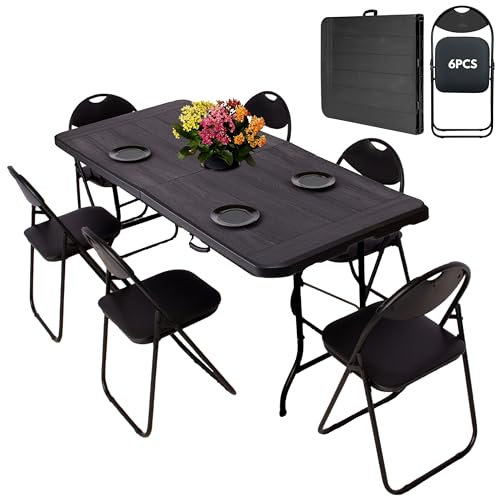 6ft Folding Trestle Table Set with Wood Grain Finish Surface & 6 Padded Folding Chairs – Lightweight, Portable Fold Away Table with Tabletop 70.8x29.5 In (180x75cm) - Ideal for Extra Seating