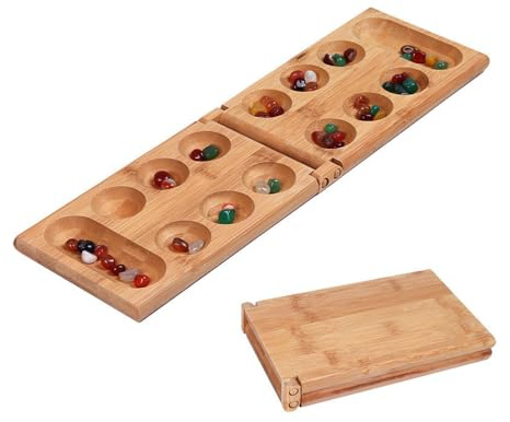 Hsthe Sea Mancala Board Game Set Kalaha Board Game with Folding Game Board Natural Stone Pebbles Families Wooden Board Games Mancala Games Strategic Game for Kids and Adult