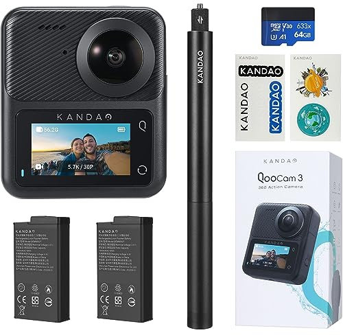 KanDao QooCam 3 Action Camera, 1/1.55 Sensors 5.7K Photo @60fps 360 Video Camera, Waterproof, Stablization, Sport & Outdoor Camera. Travel Combo.