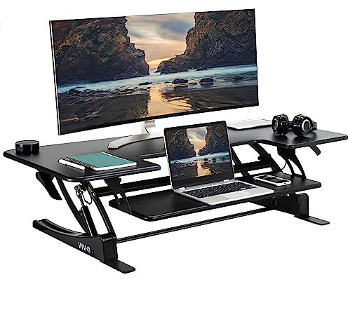 VIVO 122cm Height Adjustable Large Stand Up Desk Converter, V Series, Quick Sit to Stand Tabletop Dual Monitor Riser Workstation, Black, DESK-V048V