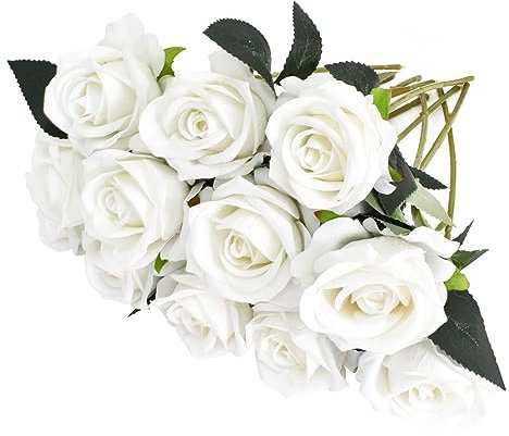 12 Pcs Rose Artificiali, 30cm Realistica Singola a Gambo Lungo Rosa Finta, Fiori Artificiali Finto, Bouquet da Sposa in Seta per Decorazioni da Ufficio in Casa per Feste Giardino (Bianco)