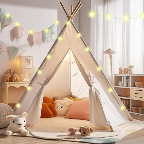 Atlasonix Teepee Tent For Kids Indoor Cotton Teepe, Sleepover Play Tent for Parties, Boys and Girls, With Wooden Poles For Kids 3,4,5,6,7,8,9 years old