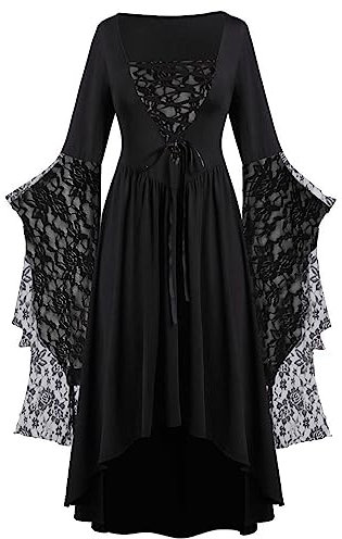 AMhomely Plus Size Fancy Dresses Medieval Costume Vintage Gothic Dress Lace Bell Sleeve Renaissance Evening Party Dresses Elegant High Low Dress Ladies Waist Tie Swing Bouquet Black L