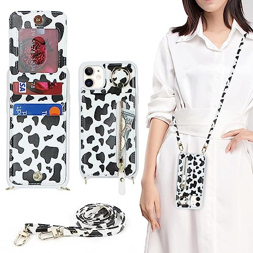 Ｈａｖａｙａ Coque pour iPhone 12 Mini avec Cordon Porte Carte Portefeuille Étui iPhone 12 Mini avec zippé Telephone Portable Réglable Collier Housse Etui avec Anneau pour Femmes -Vache laitière Noir