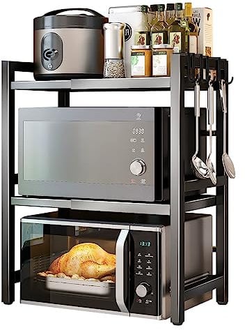 Savieva 3 Tier Expandable Microwave Shelf with 6 Hooks - Black Kitchen Counter Organizer Shelf Stand - Pot Pan Grill Storage Racks - Carbon Steel Heavy Load 55lbs Capacity