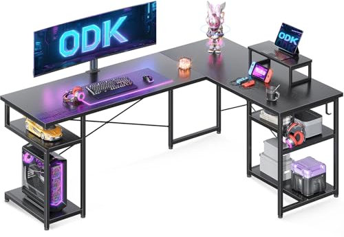 ODK Corner Desk with Storage, L Shaped Desk with Hook, Computer Gaming Desk with Monitor Stand, Black 148×120 cm
