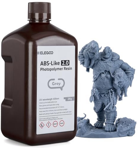 ELEGOO Résine ABS-Like 2.0 Rapide d'Imprimante 3D LCD Résine à Photopolymérisation UV 405 nm, Compatible avec ELEGOO Imprimante 3D, Haute Précision, Faible Odeur, Gris 2Kg
