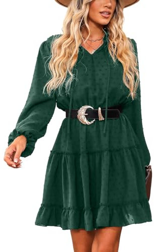 CUPSHE Women's Casual Dress Flounce Drawstring Long Sleeve Dress V-Neck Without Belt Loose Party A-Line Cocktail Mini Dress Green L