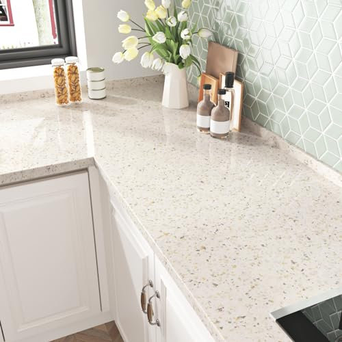 HotDecor Klebefolie Marmoroptik Selbstklebende Tapete Hellbeige Küchenfolie Marmor Folie Arbeitsplatte Tapete Badezimmer Wasserfest Schrank Folie Selbstklebend Klebefolie für Möbel Tisch 60 X 300cm