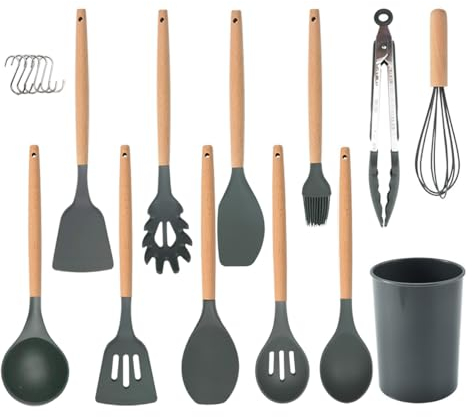 Kitchen Utensil Set 12 PCS Silicone Cooking Utensils Set with Wooden Handle, Heat Resistant, Nonstick Cookware Tongs Spatula Spoon Set Dishwasher Safe Best Kitchen Tools with Holder (Grey)