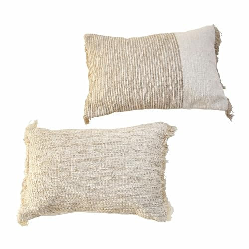 Loberon Kissenhülle 2er Set Normanton, Texturmix, mit Langen Fransen, dezentes Farbmuster, handgewebt, Boheme-Charme, Kissenbezüge, Wohn-Accessoires, Baumwolle, Jute, beige