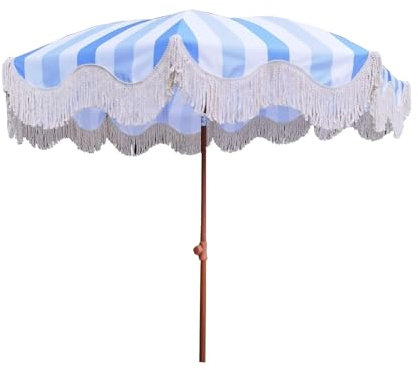 JEKKAH Blau-weiß Gestreifter Strandschirm, Polyestermaterial Mit Strapazierfähigem Sonnenschutz, Quastendekoration, 200 cm Lange Holzstange, Flexible Einstellung