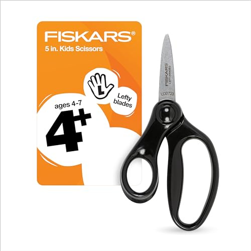 Fiskars 5 Left-Handed Pointed-Tip Scissors for Kids Ages 4-7, Scissors for School or Crafting, Back to School Supplies, Black