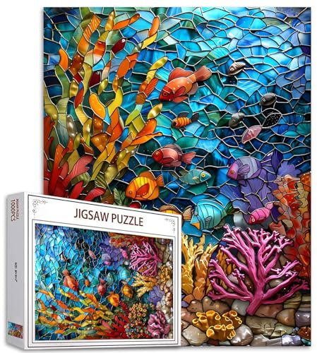 Tucocoo Ozean-Korallenfisch-Puzzles für Erwachsene, 1000 Teile, Unterwasserwelt, Buntglas-Kunst-Puzzle, bunt, DIY-Bastelpuzzles für Heimdekoration, Familienpuzzle, perfekt für Spieleabende