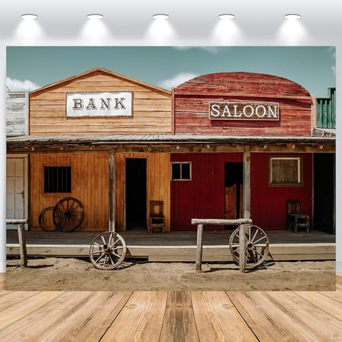 ASDCXZ Western Cowboy Toile de Fond 2,2 x 1,5 m, Vintage Wild West Saloon Maison Rustique en Bois avec Porte Fond de Photographie Baby Shower Anniversaire Western Party Décoration Bannière Photo