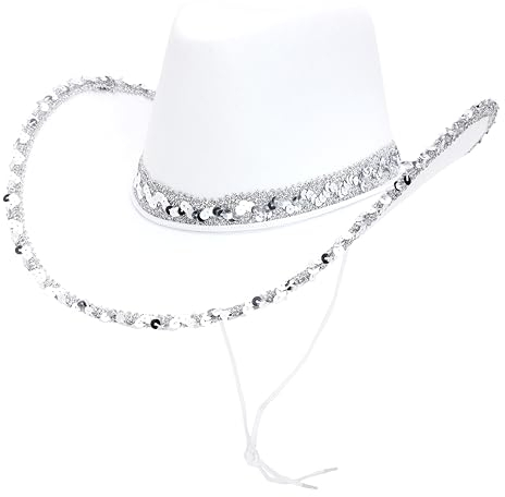 Toyland® 38 cm (15) Chapeau de cowboy blanc avec bordure à paillettes argentées - Accessoires pour festivals, concerts, déguisements et enterrements de vie de jeune fille - 3 couleurs disponibles