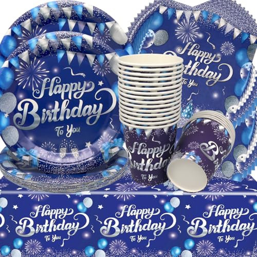 Doyomtoy Vaisselle de Fête Bleu Anniversaire,61 Pièces Bleu Argent Vaisselle Papier Set Assiettes en Papier Serviettes Tasses pour Baby Shower Décorations Fête d'Anniversaire