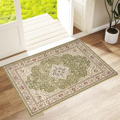 PHP Roma Vintage Door Mat for Indoor - Super Soft Classical Floral Pattern Low Pile Non Slip Mat for Living Room Bedroom Hallway Kitchen Floor Mats (60 X 110 cm, Green)