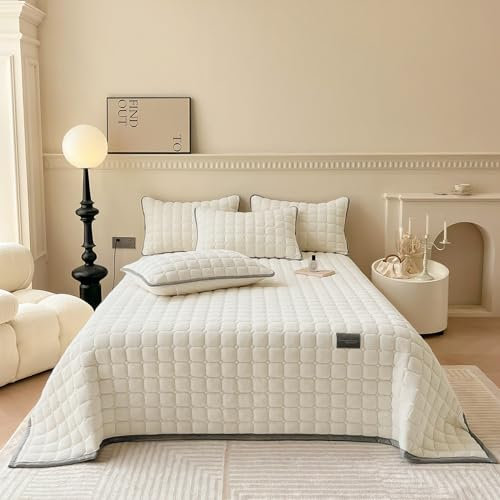 TOPCHANCES Milch Samt Soft Tagesdecke, Stepp-Bettwäsche-Set, Bettüberwurf oder Sofaüberwurf,mit 2 passenden Kissenbezügen 50 X 70 cm, für alle Jahreszeiten(Beige,230 * 250cm)