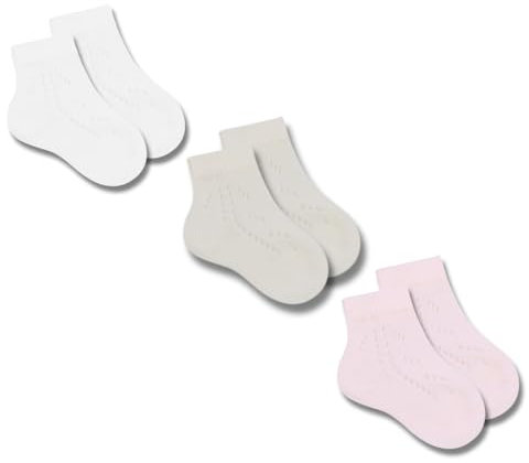 Coccoli | 3 Paia di Calzini Corti Neonato in Cotone Elasticizzato con Motivo Traforato, Calzini Traforati Neonato a Tinta Unita, Made in Italy (panna-bianco-rosa, 20/21)