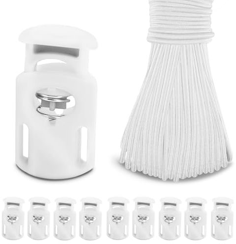 Cuerda elástica elástica de 10 metros, 3 mm, 25 cierres de cordón de plástico, tapón de resorte para mochila con cordón (blanco)