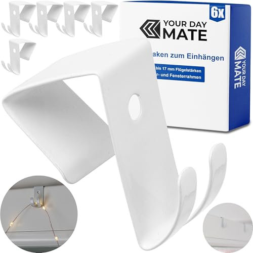 Ganci per finestre da appendere, 6 pezzi, bianchi, in metallo, ganci decorativi per ante con spessore da 12 a 17 mm, ganci per porte senza incollaggio e foratura, clip per finestre per luci fiabesche