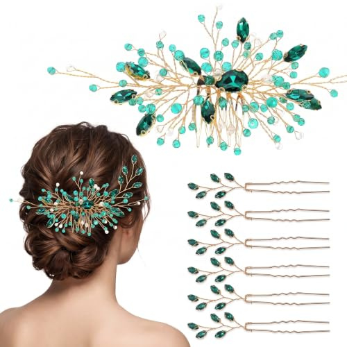 Healeved Hochzeits-Haarschmuck für Frauen – 7-teiliges Brautperlen-Haarnadeln-Set, grüne Haarnadeln, Fascinatoren, für Hochzeiten, Bräute, Brautjungfern, Frauen, Mädchen – U-förmige Haarspangen