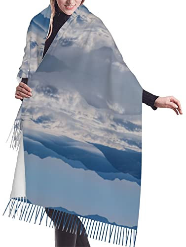 WOTDKG Kaschmirschal, Fransenschal, Motiv: Baum und Schneemänner, Unisex, Kaschmir, Fransenschal, Weiß, Landschaft mit Bergen und Wolken, One size